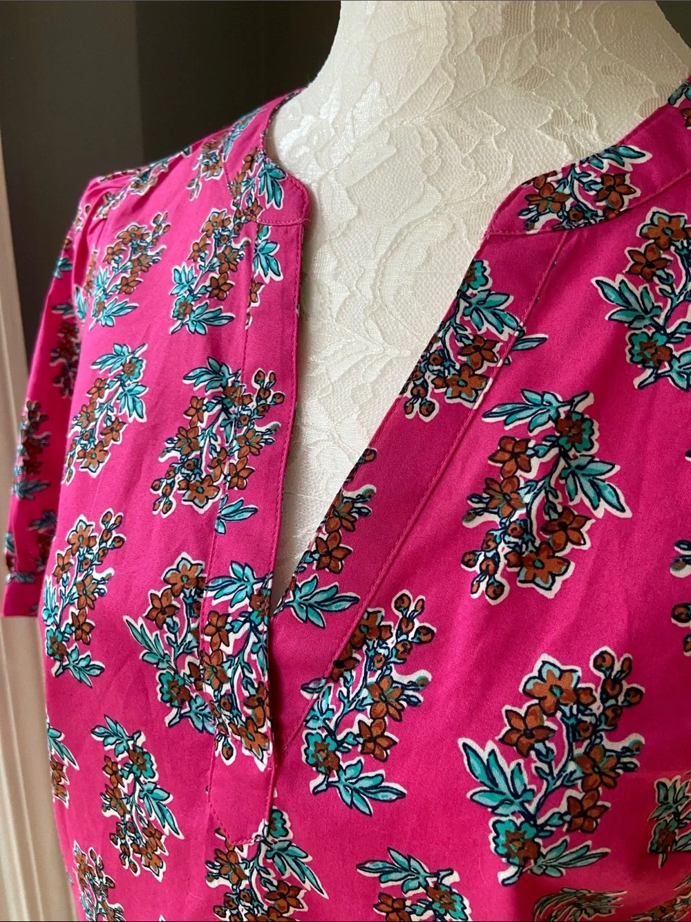 J. Crew Vibrant Pink Floral Split-V Neck Blouse